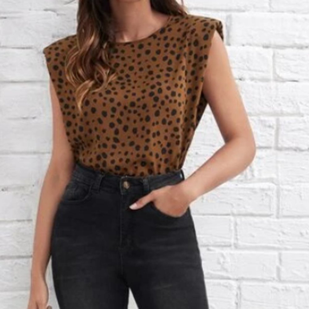 dalmatian print shoulder padded top sz L NWOT